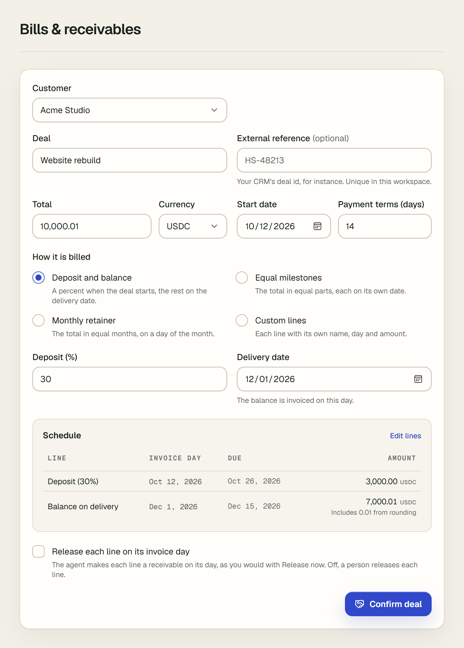 The New deal form on Bills and receivables. Customer Acme Studio, Deal Website rebuild, Total 10,000.01 USDC, Start date Oct 12, 2026, payment terms 14 days. How it is billed: Deposit and balance chosen, with Deposit 30% and Delivery date Dec 1, 2026. The schedule reads back two lines: Deposit (30%), invoiced Oct 12, 2026 and due Oct 26, 2026, 3,000.00 USDC; Balance on delivery, invoiced Dec 1, 2026 and due Dec 15, 2026, 7,000.01 USDC, which includes 0.01 from rounding. Below, Release each line on its invoice day, and Confirm deal.