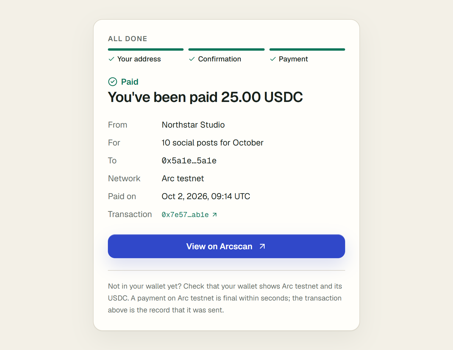All done. Paid. The heading reads You've been paid 25.00 USDC. A receipt lists From Northstar Studio, For 10 social posts for October, To the shortened address, Network Arc testnet, Paid on Oct 2, 2026, 09:14 UTC, and the Transaction with a link. Below, the View on Arcscan button and a note on what to do if the money is not in the wallet yet.
