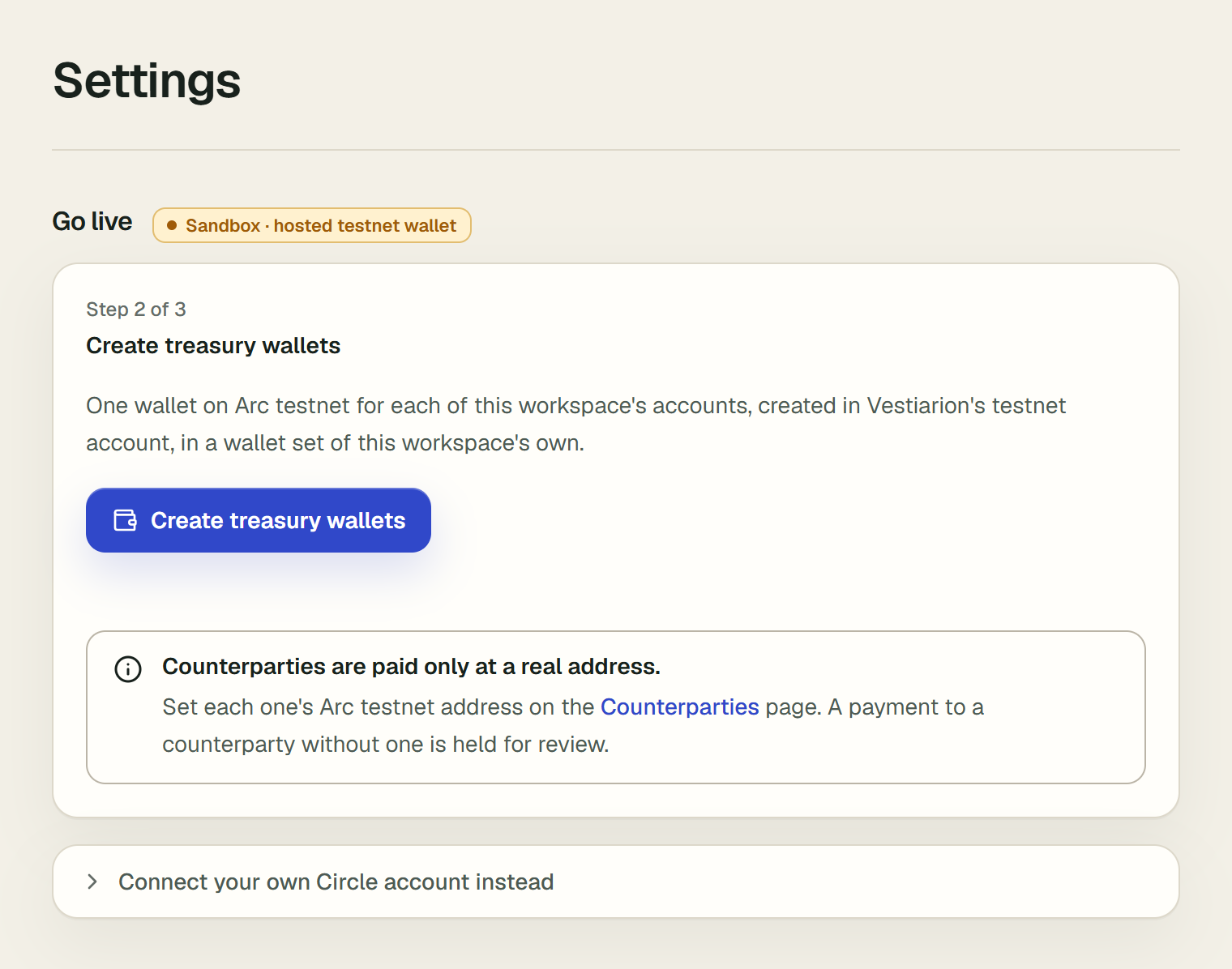 Step 2 of 3, Create treasury wallets, for a workspace using a Vestiarion testnet wallet. It explains that one wallet is created on Arc testnet for each account, and shows the Create treasury wallets button and a note that counterparties are paid only at a real address. The badge reads Sandbox · hosted testnet wallet.