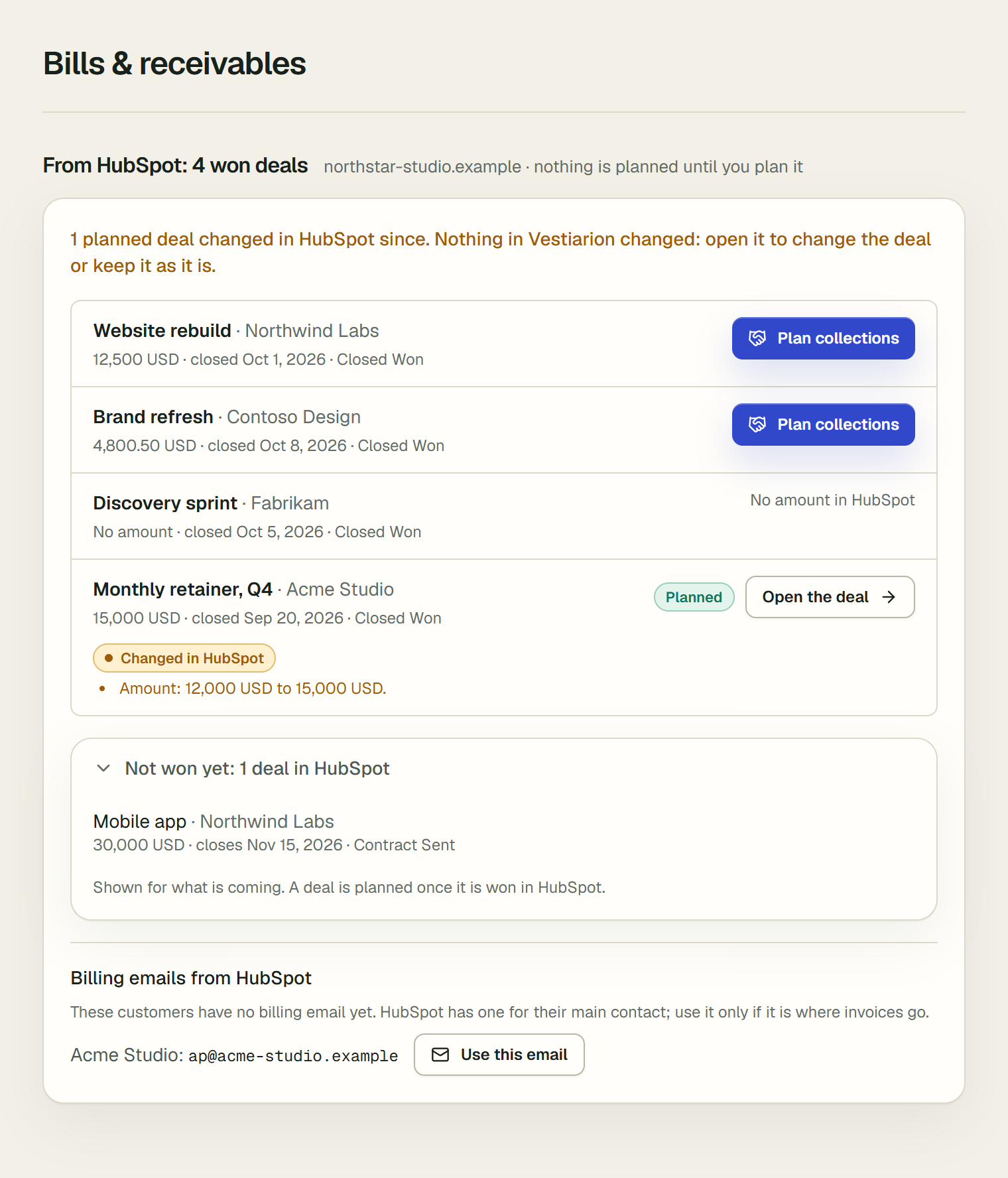 From HubSpot: 4 won deals under Deals on Bills & receivables. Website rebuild for Northwind Labs, 12,500 USD, closed Oct 1, 2026, with Plan collections; Brand refresh with Plan collections; Discovery sprint, No amount in HubSpot; Monthly retainer, Q4, Planned, Changed in HubSpot, with Open the deal. Below, Not won yet with one deal, and a billing email to confirm.