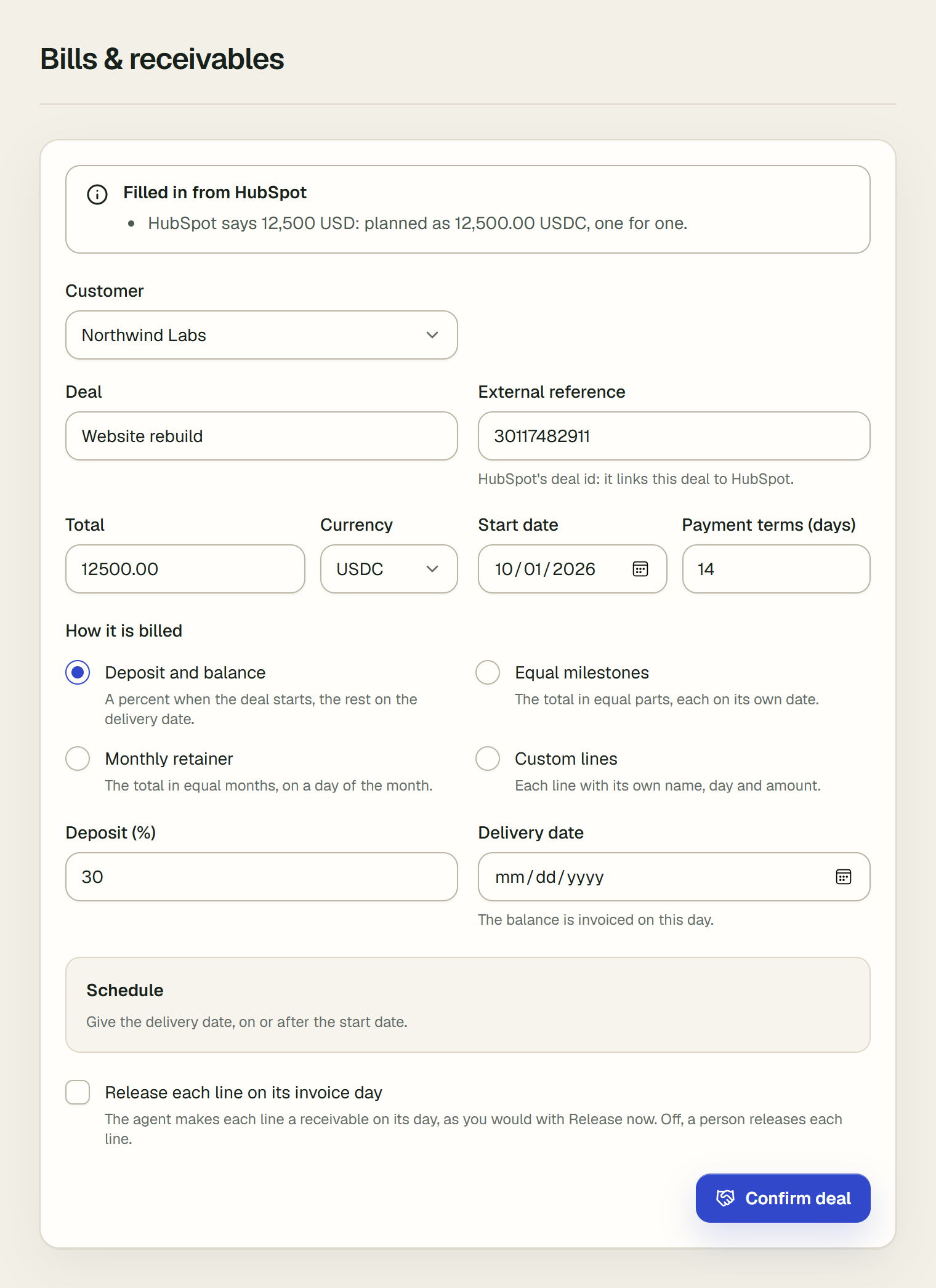 The New deal form filled in from HubSpot: a note saying HubSpot says 12,500 USD: planned as 12,500.00 USDC, one for one; customer Northwind Labs, deal Website rebuild, external reference 30117482911, total 12500.00 USDC, start date Oct 1, 2026, a 30 percent deposit.