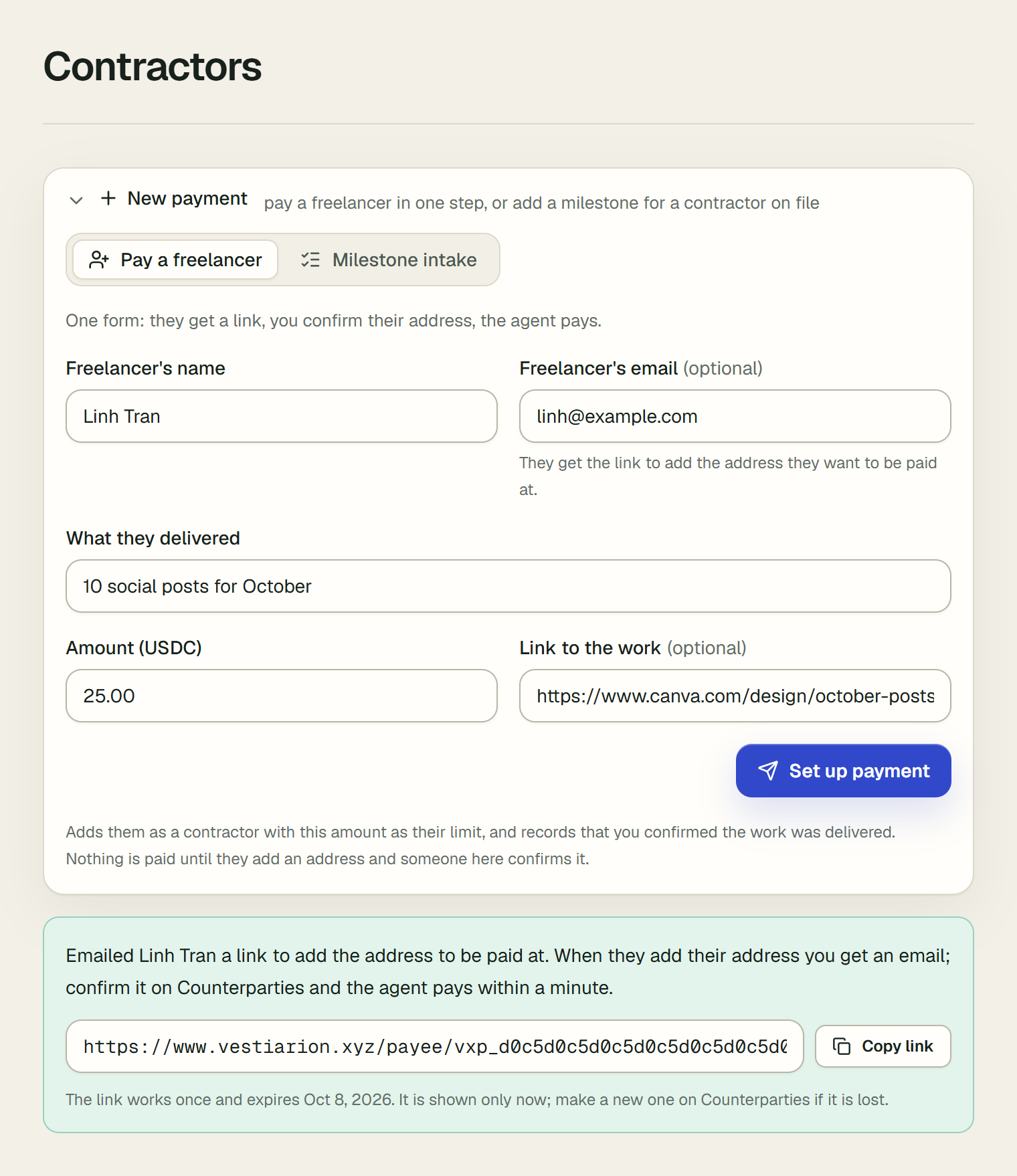 New payment opened on the Contractors page, on its Pay a freelancer tab, the form filled in: Freelancer's name Linh Tran, Freelancer's email linh@example.com, What they delivered 10 social posts for October, Amount (USDC) 25.00, and a Link to the work. Below it, the result after Set up payment: a message that the link was emailed, the payee link with a Copy link button, and when the link expires.