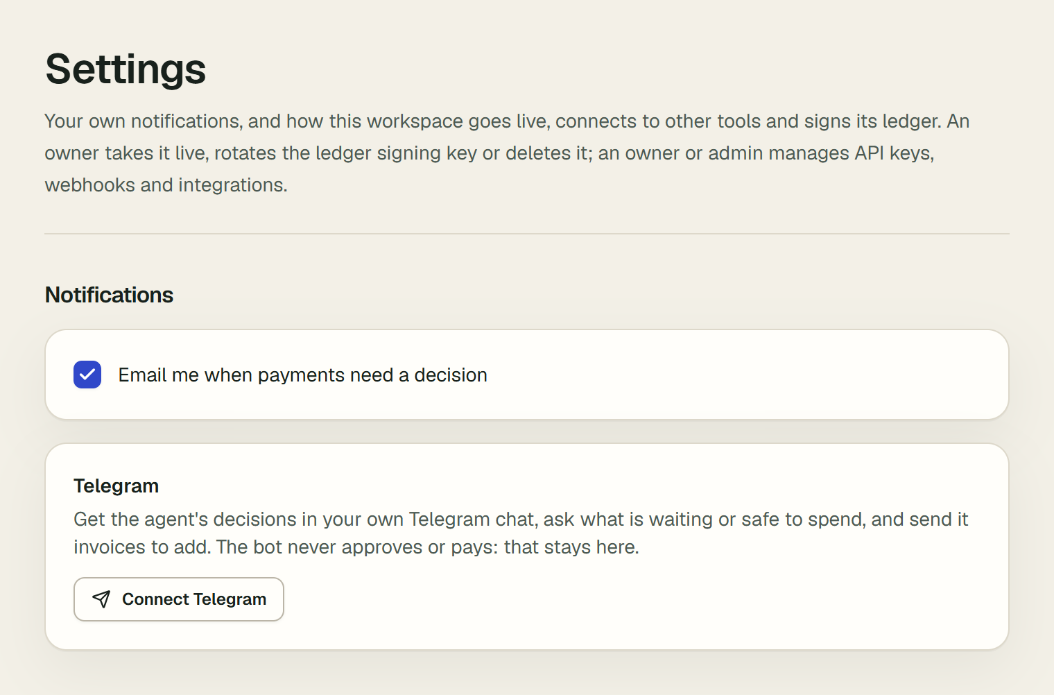 Settings, opening with the Notifications section: the switch Email me when payments need a decision, then a card titled Telegram: get the agent's decisions in your own Telegram chat, ask what is waiting or safe to spend, and send it invoices to add; the bot never approves or pays, that stays here. Below the words, the Connect Telegram button.